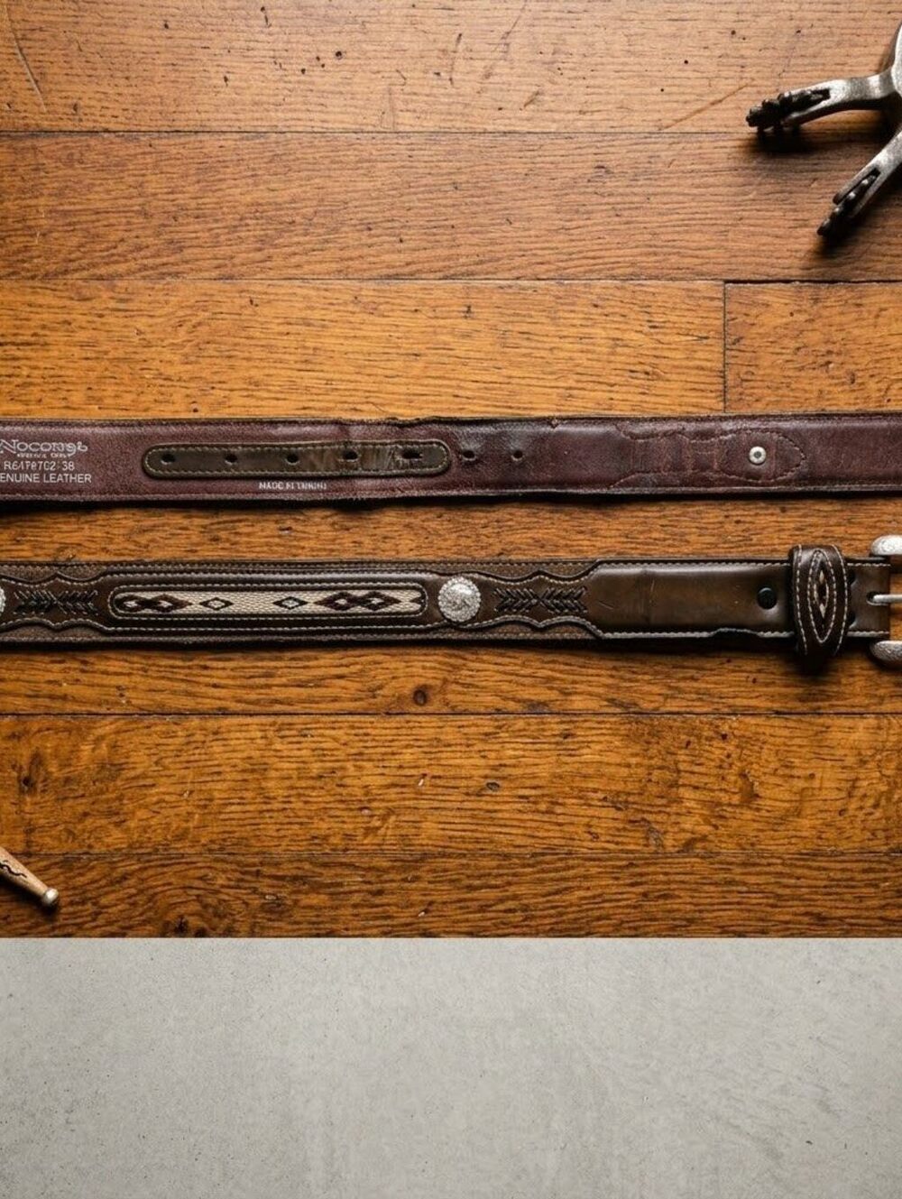 Nocona Mens 38 Leather Western Belt Distressed Rodeo Patina Silver Buckle Grunge